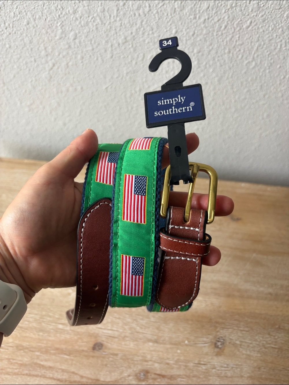 NWT Simply Southern Green American Flag Ribbon Belt with Brown Leather Trim